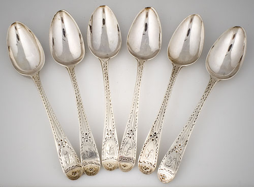 Silver Flatware,<br />
Six Peter and Ann Bateman Silver Teaspoons<br />
18th Century, Image 1